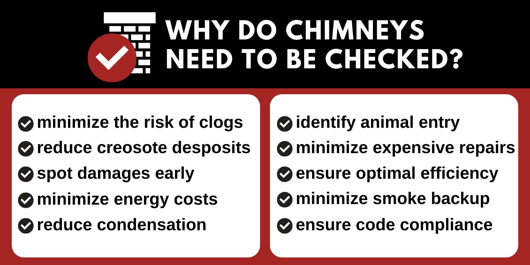 Infographic listing reasons to check chimneys, including reducing clogs, creosote, repairs, and energy costs, and ensuring safety, efficiency, code compliance, and detecting damage or animals.