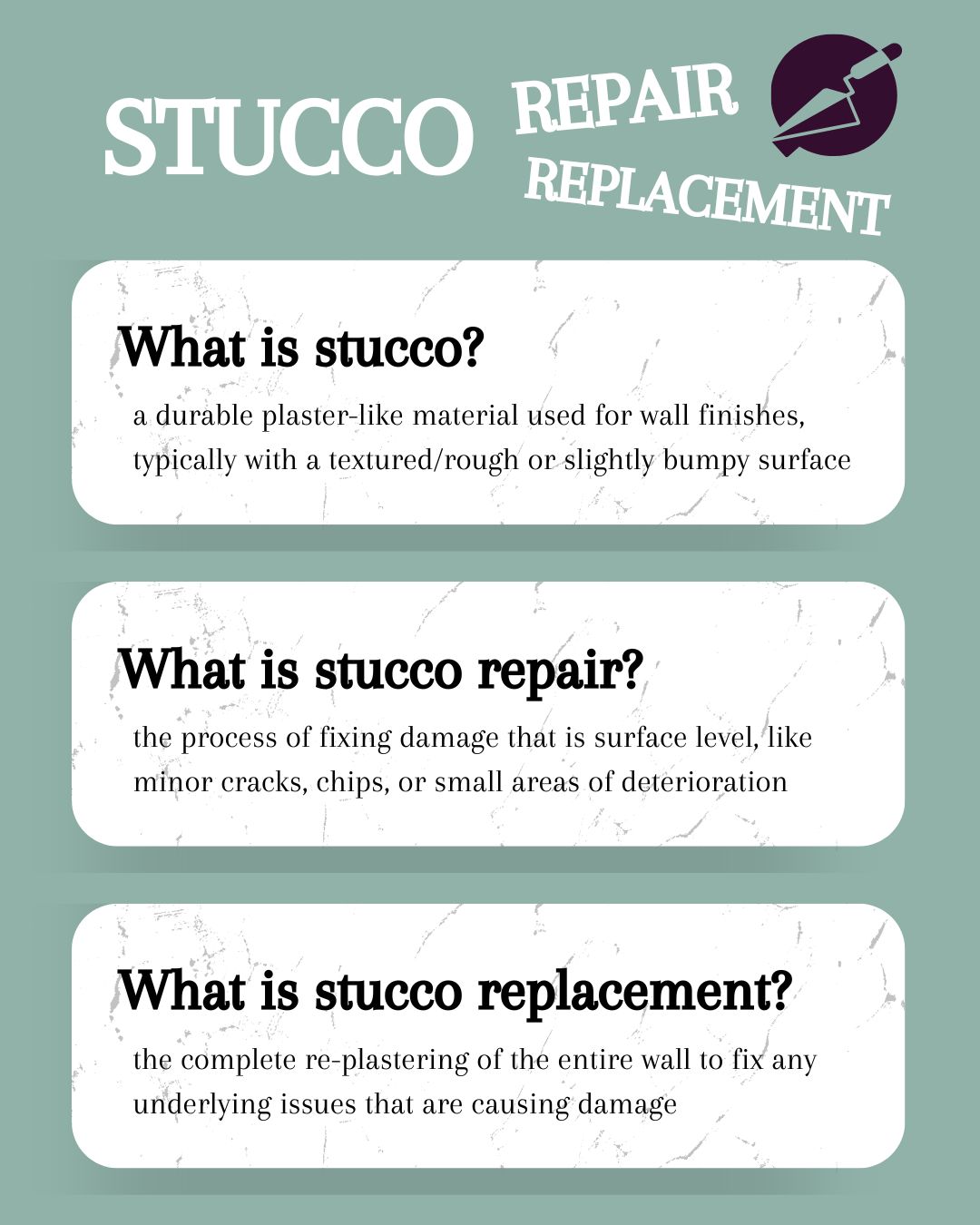 original infographic stating what stucco is and what the difference between repair and replacement is