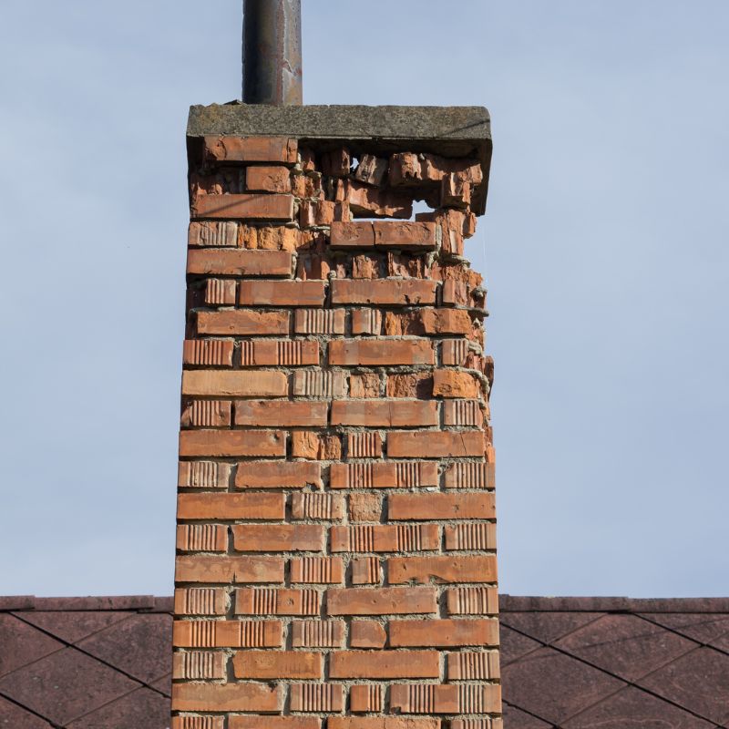 a red masonry chimney with broken and missing brickwork