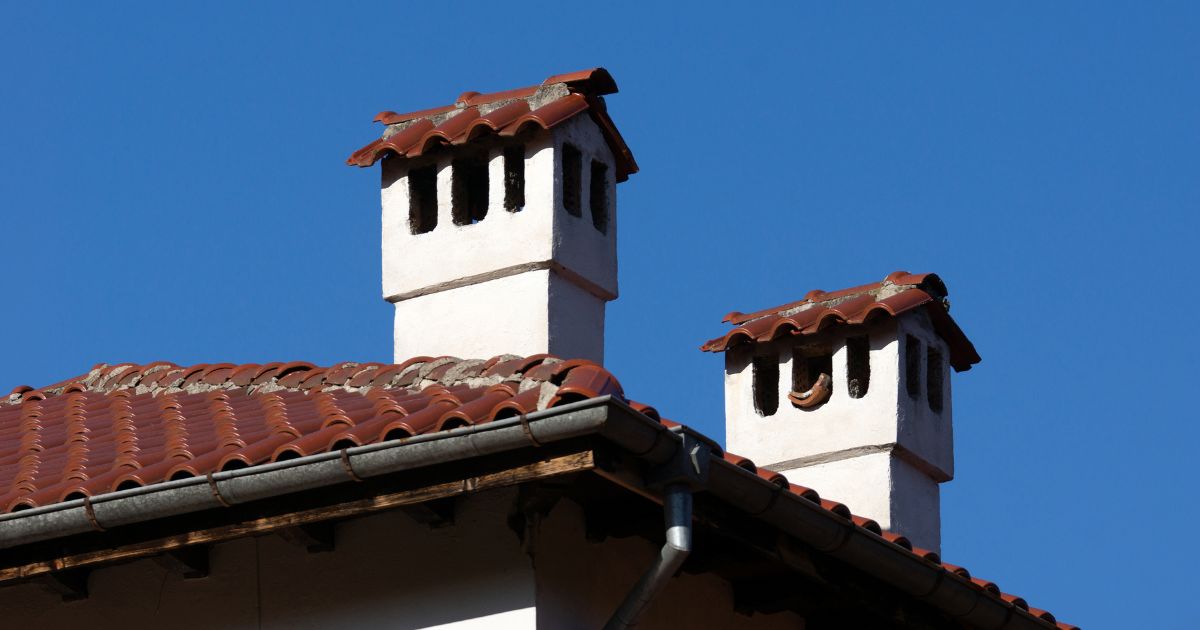 two white stucco chimneys with brown roofs
