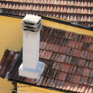 %Title% | Sureglow Stove &Amp; Chimney white stucco chimney on an old brown and red roof