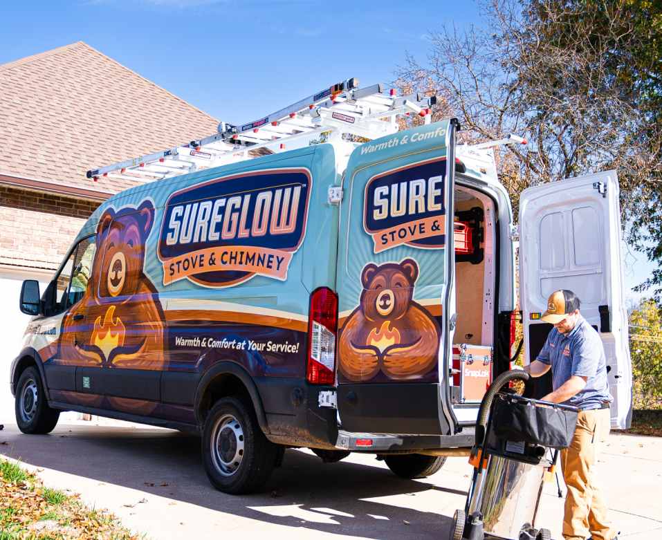 A SureGlow van with a technician at the back, getting equipment out to perform a chimney sweep