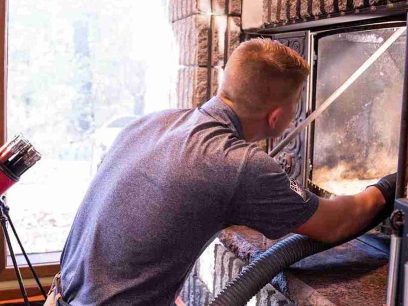 A person in a blue shirt cleans the inside of a fireplace with a vacuum hose, reaching through an open glass door. Sunlight shines through a window in the background.