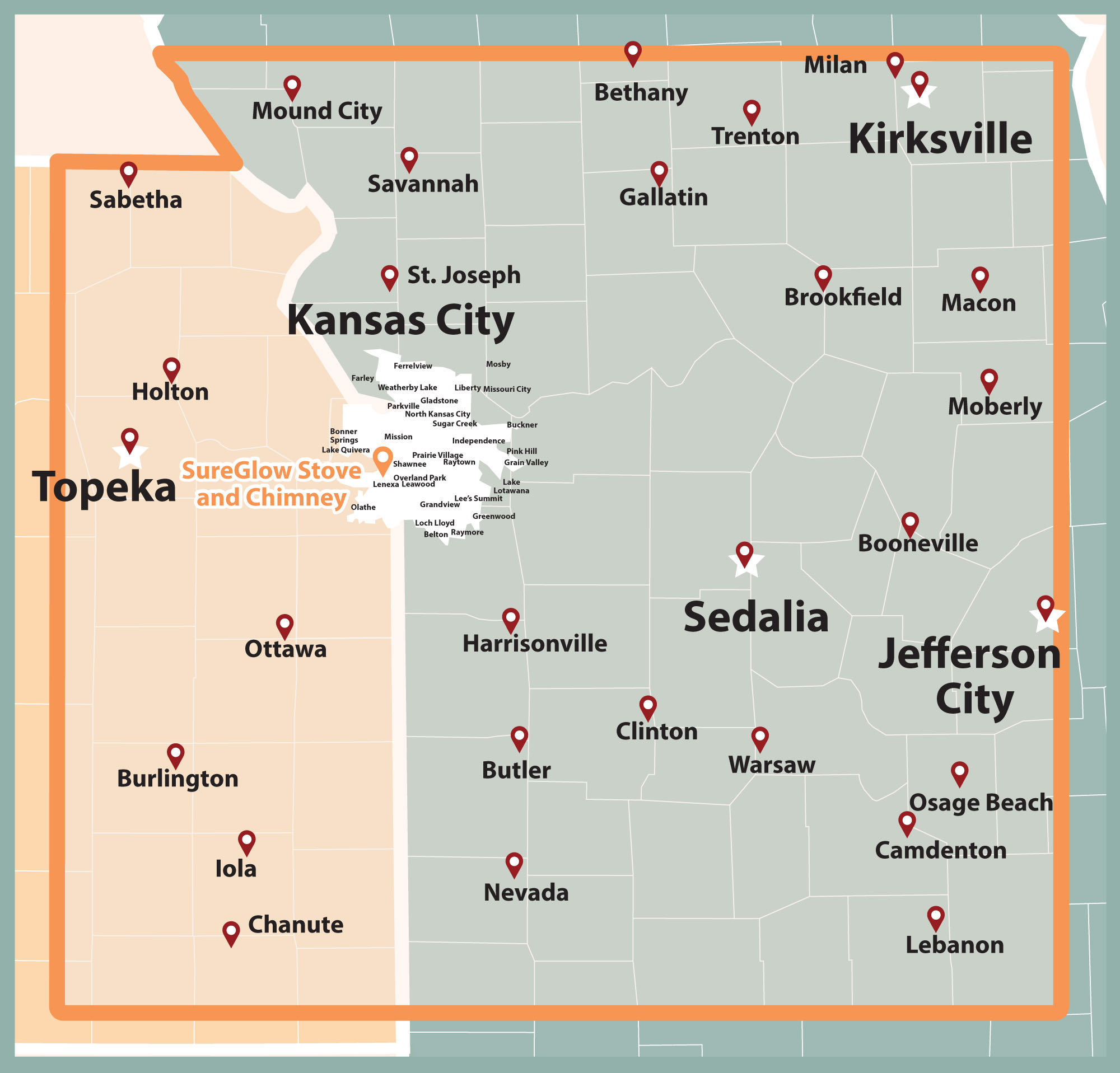 Map of eastern Kansas and western Missouri highlighting SureGlow Stove and Chimney service area, with major cities such as Kansas City, Topeka, and Jefferson City marked.